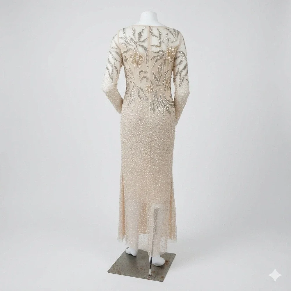 Adrianna Papell Embellished Illusion Gown Beaded Floral Sequin Sz 6  Maxi Modest - Picture 7 of 9